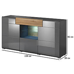 Комод з розпашними дверцятами Toledo 159 см антрацит глянсовий та дуб градсон з підсвічуванням в їдальню
