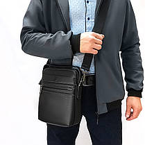 Сумка чоловіча шкіряна на плече з ручкою зверху чорна на 2 відділи та кишені 21х25х7 см Bretton 1670-4, фото 5