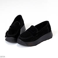 Молодежные замшевые черные женские туфли лоферы натуральная замша 37