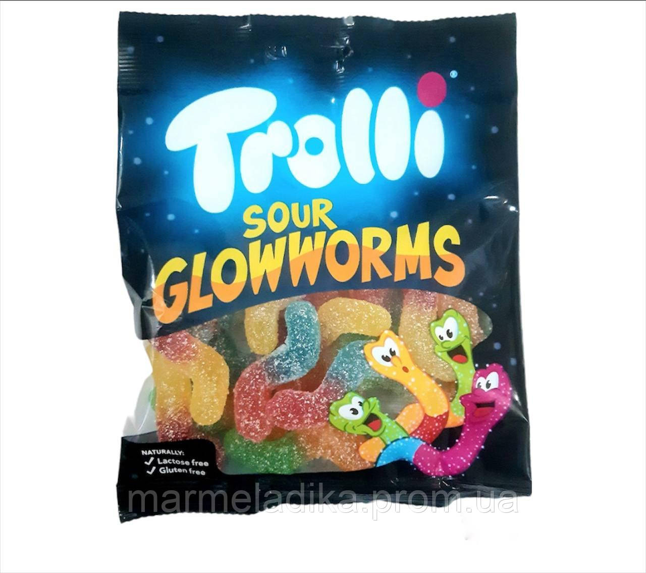 Trolli фруктовые жевательные конфеты (мармелад) Sour glowworms КИСЛЫЕ СВЕТЛЯЧКИ 100 г - фото 1 - id-p2073625292