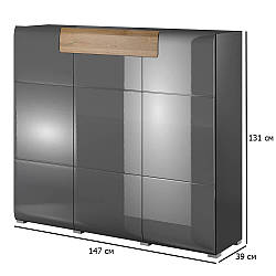 Високий комод без ручок Toledo 147 см антрацит глянсовий та дуб градсон із закругленими кутами в зал