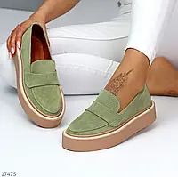 Современные яркие замшевые туфли лоферы цвет фисташковый хаки 37