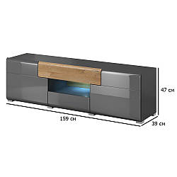 Тумба під ТВ без ручок Toledo 159 см антрацит глянсовий та дуб градсон з підсвічуванням для вітальні