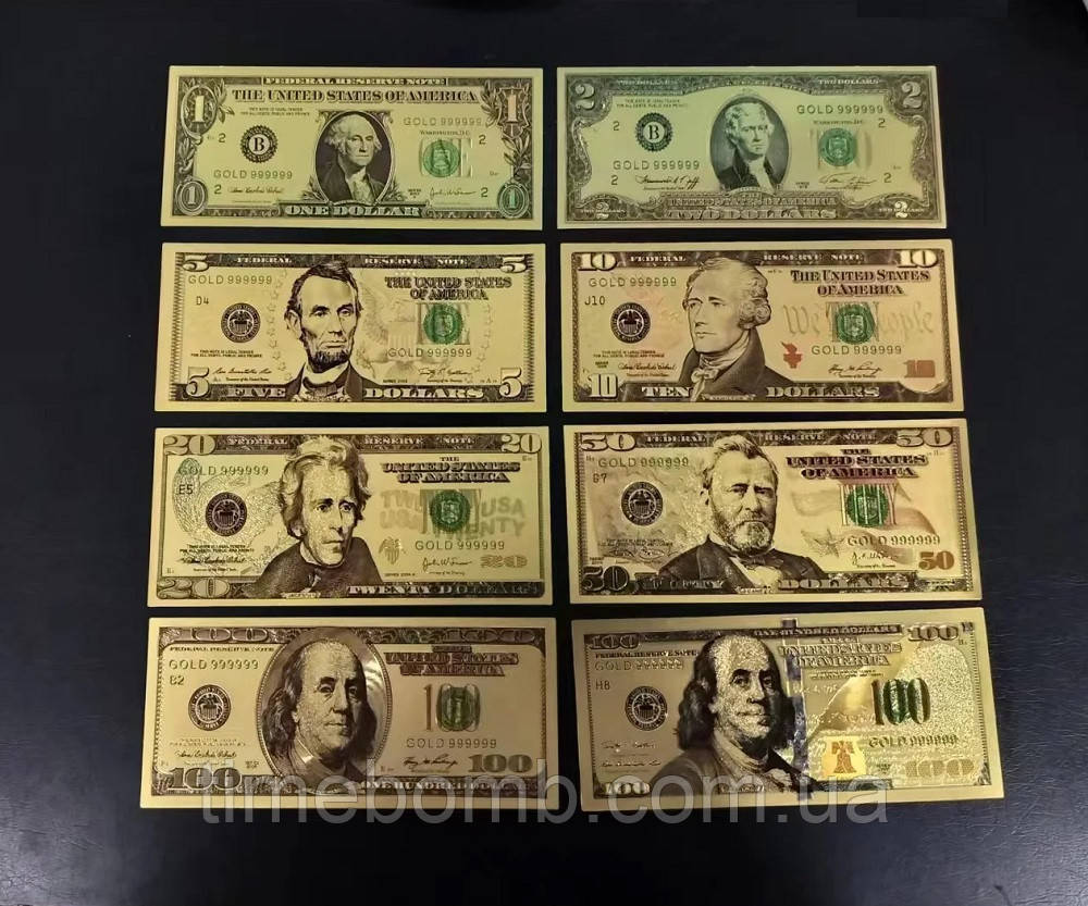 Комплект з восьми позолочених сувенірних банкнот 1-100 Доларів