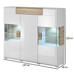 Шафа вітрина тридверна Toledo 147 см білий глянець та дуб сан-ремо світлий з підсвічуванням в кімнату