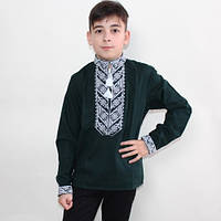 Дитяча вишиванка для хлопчика Михайлик зелений льон, льняна сорочка в українському стилі