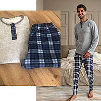 Теплая мужская пижама в клеточку с начесом, домашний комплект лонгслив и штаны синий Midnight