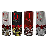Пакет подарочный бумажный "Merry Christmas" снежинка + бантик "винная бутылка" (36×12,8×8,4см) М559 ассорти