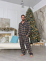 Теплая мужская пижама в клеточку, комфортный домашний комплект кофта и штаны сине-коричневый Турция