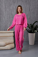 Женский стильный домашний комплект двойка штаны и кофточка в широкий рубчик цвет розовый одежда для сна