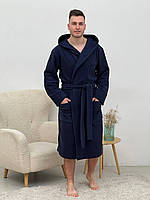 Теплый мужской халат флисовый на запах, комфортный домашний халат с капюшоном темно-синий Южная Ночь