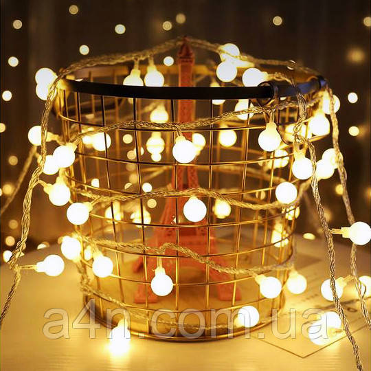 Гірлянда кульки 6 метрів 40 led — колір теплий білий — світлодіодна новорічна на ялинку та для декору на батарейки АА 1.5v, фото 1