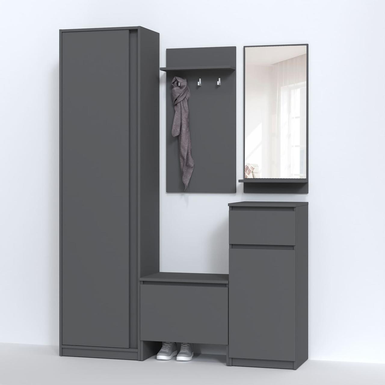 Сучасний стильний сірий модульний передпокій у вузький довгий коридор з дзеркалом і тумбою для взуття 150 см Брайт, фото 1