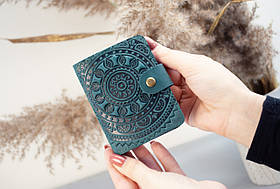 Візитниця шкіряна бірюзова з тисненням Сонечко | Шкіряний картхолдер