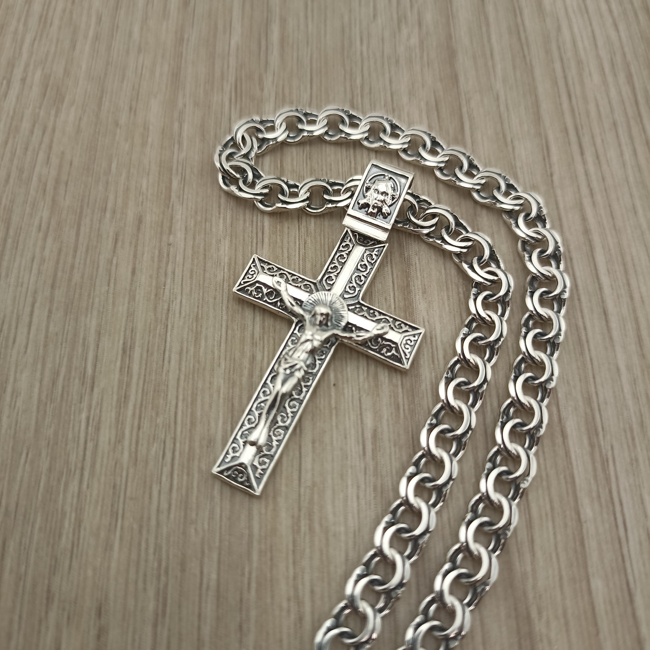 Срібний ланцюжок з красивим хрестиком із срібла 925. Чоловіча ланцюг і кулон. 55 см