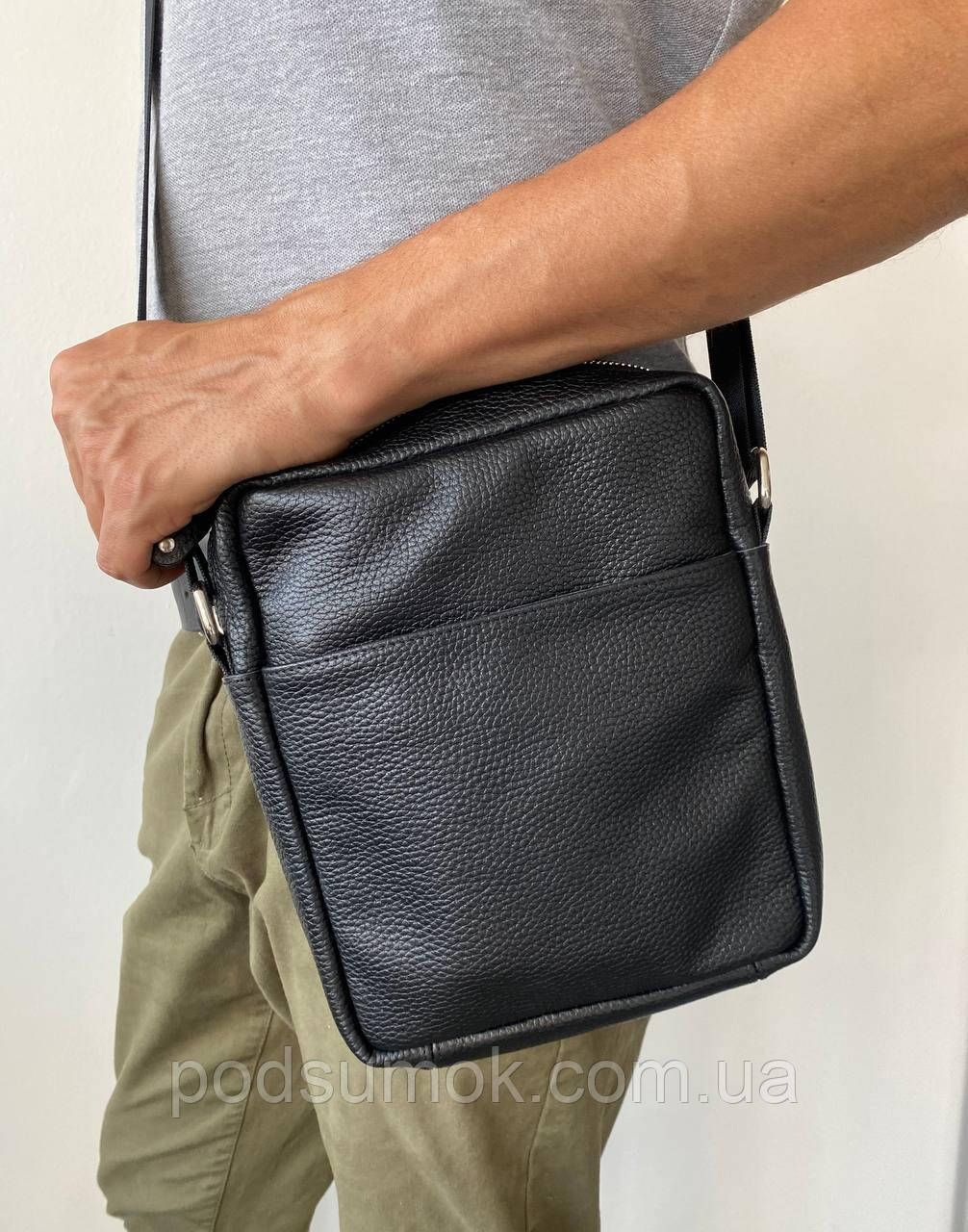 Сумка чоловіча з натуральної шкіри на блискавці, чорна, фото 1