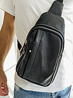Стильная мужская сумка-слинг нагрудная из натуральной кожи на молнии, чёрная