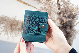 Візитниця шкіряна бірюзова з тисненням Калина та Герб України | Шкіряний картхолдер