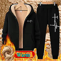 Спортивний костюм  зимовий кашеміровий із капюшоном, повсякденна утеплена тепла толстовка + штани, чорний
