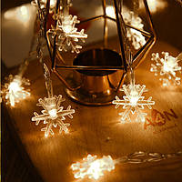 Гирлянда снежинки 6 метров 40 led - цвет теплый белый - светодиодная новогодняя на елку и для декора Батарейки АА 1.5v