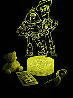 3d лампа Мультик История игрушек, персонажи Вуди и Базз, светильник или ночник, 7 цветов, 4 режим, пульт