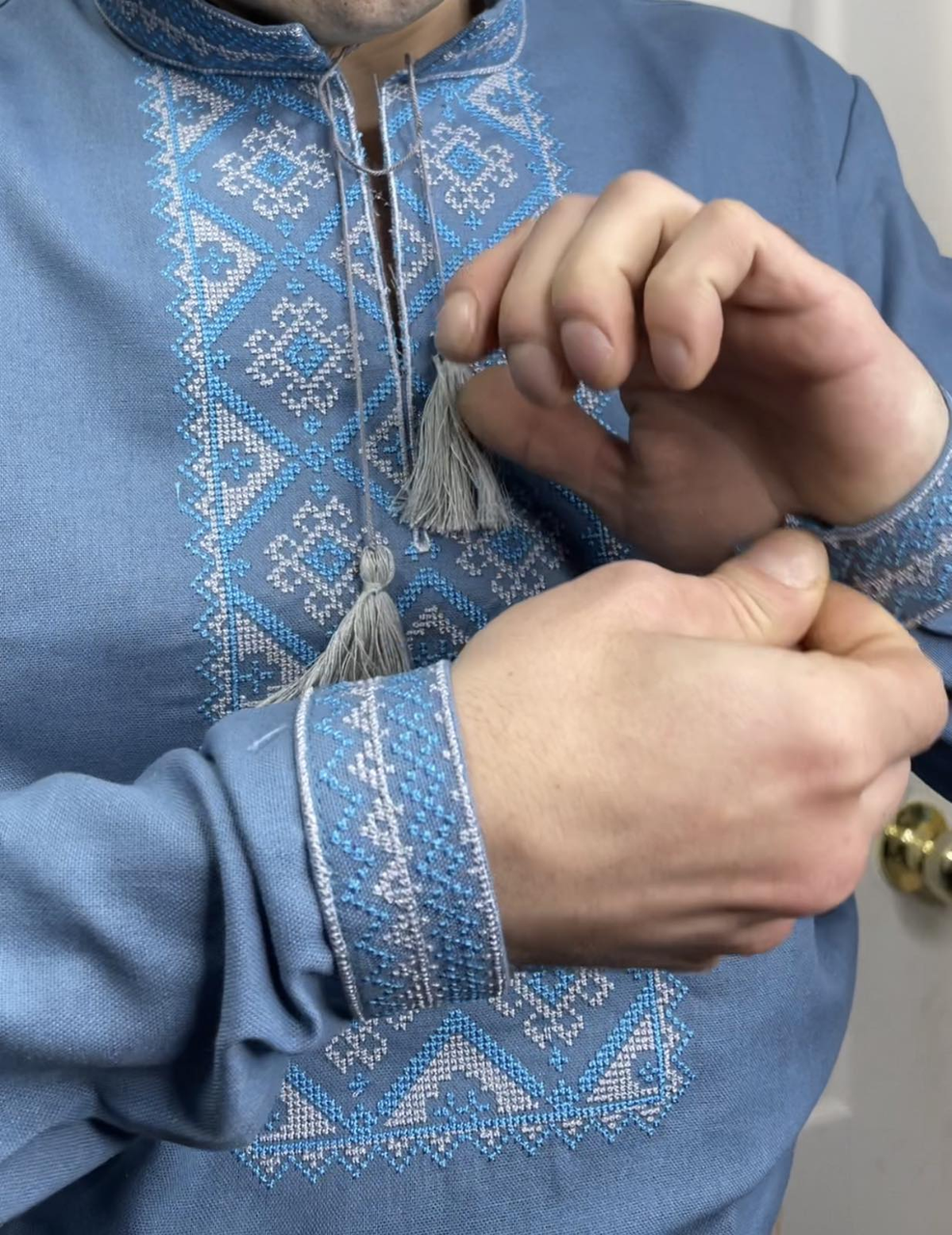 Сорочка чоловіча "Француз" Льон Бірюзовий (вишивка - Блакитний)