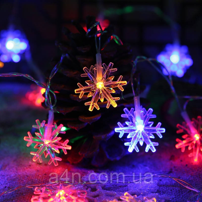 Гірлянда сніжинки 6 метрів 40 led - RGB кольорова - світлодіодна від USB новорічна на ялинку та для декору