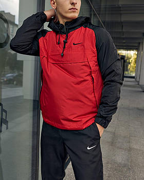 Чоловічий анорак Nike чорний з червоним Вітровка Найк весняна осіння