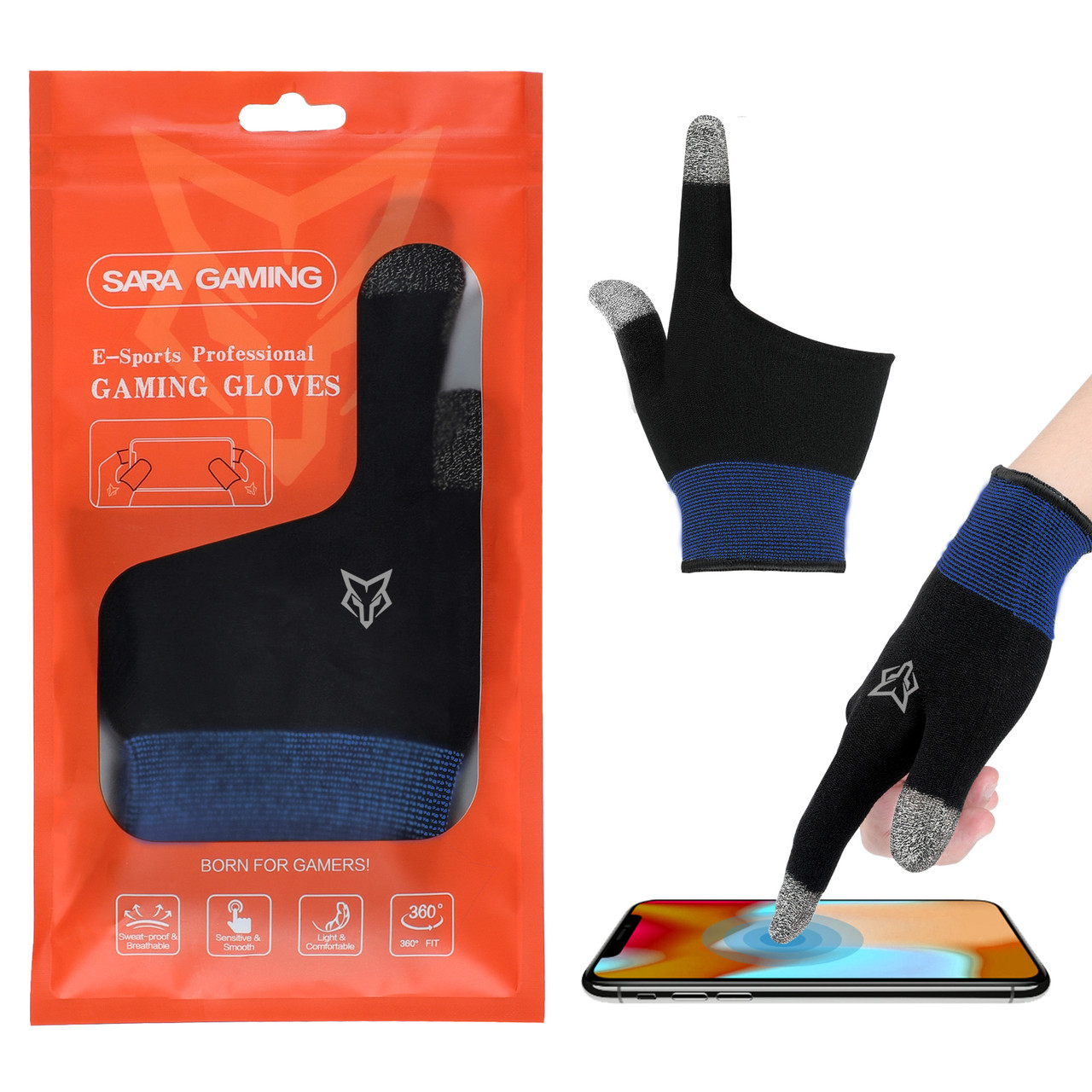 Ігрові рукавички від поту (2 шт) з напальниками Sarafox G01 для ігор телефону pubg cod standoff 2 пальця Чорний із синім