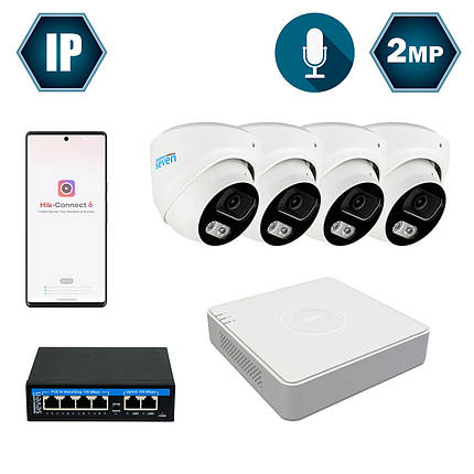 Комплект IP-відеоспостереження Hikvision на 4 купольні 2 Мп IP-камери HK-IP7114OW-2MP, фото 1