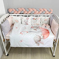 Комплект детского постельного с бортиками на 4 стороны кроватки 120х60 см - Зайчики в зонтике персиковые