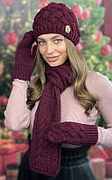 Жіночий комплект шапка+шарф+рукавички. В'язаний жіночий комплект з рукавичками. Жіночий в'язаний комплект аксе бордовий