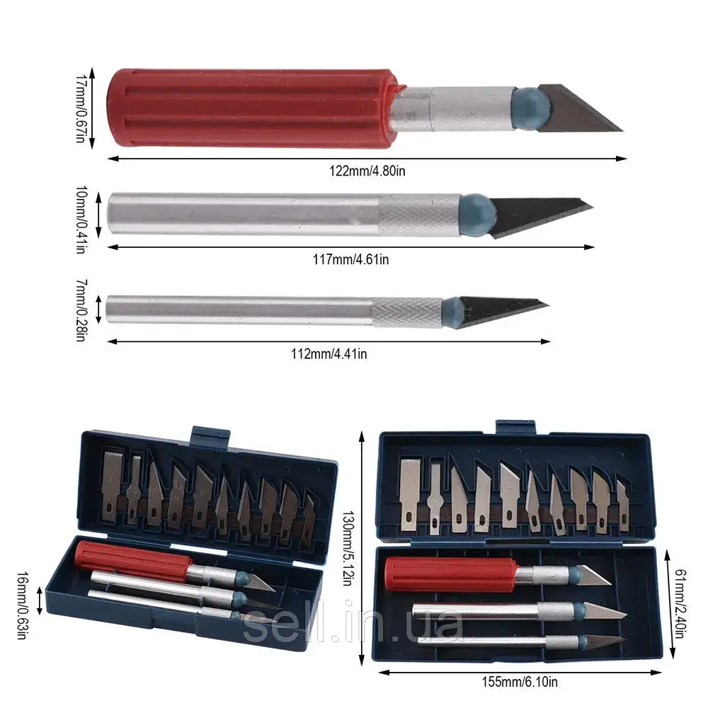 Набір ножів для різьби по дереву • 13 шт. • 3 ручки + леза • Захисний ковпачок, фото 1