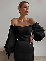 Женская стильная однотонная блуза с пышными объемными рукавами, рукав внизу на атласных завязках, в расцветках Черный, 42/44