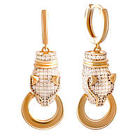 Розкішні нарядні золоті сережки конго підвіски з фіанітами модні кульчики жіночі серги кільця з хижими кішками