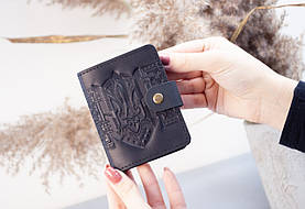 Візитниця шкіряна чорна з тисненням Тризуб Герб України | Шкіряний картхолдер