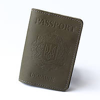 Шкіряна Обкладинка для паспорта "Passport+великий Герб України",хакі.
