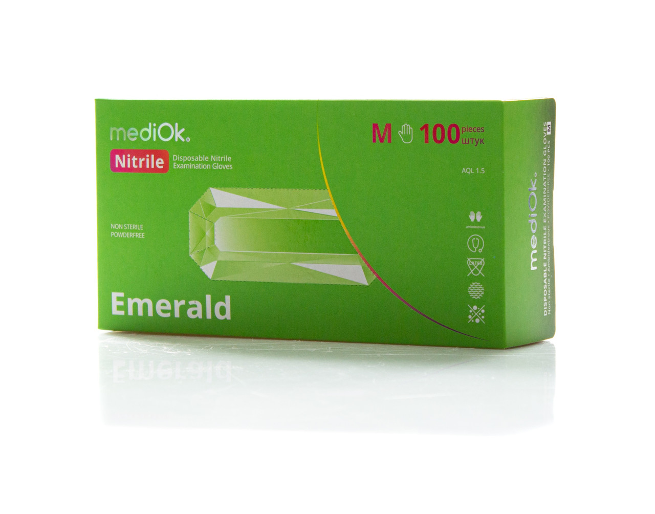 Рукавички нітрилові неопудрені mediOk EMERALD, Зелені (100 шт./уп.), M