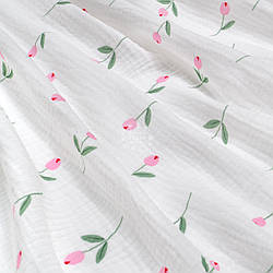 Двошаровий жатий муслін "Рожеві тюльпани на фоні айворі", ширина 135 см