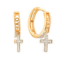 Стильні золоті сережки кільця конго з підвісками у вигляді хрестика та фіанітами кульчики жіночі серги із золота LOVE