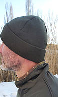Тактическая шапка вязаная двойная олива хаки,флис на отвороте