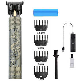Машинка (тример) для стрижки волосся та бороди Vintagе T8, 4 насадки (1.5, 2, 3, 4 мм), USB зарядка
