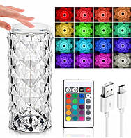 Настольная LED лампа Crystal Rose Проекционный сенсорный светильник ночник на аккумуляторе 16 цветов с пультом