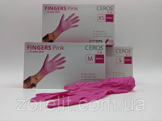 Рукавиці нітрилові CEROS FINGERS PINК, XS,S,M 100 ШТ., фото 1