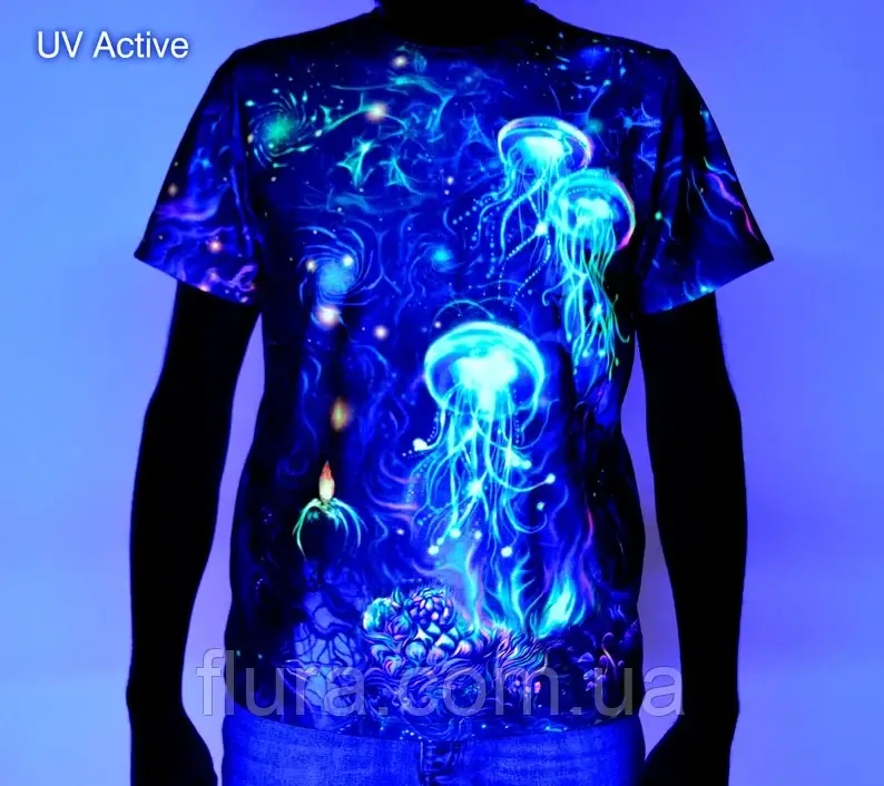 Футболка унісекс молодіжна яскрава флуоресцентна авторська з принтом Psy blacklight UV active «Медуза»