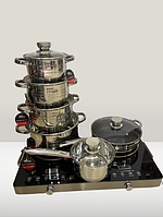 Набір кухонного посуду на 12 предметів із нержавіючої сталі Zepline ZP-075 Сковорідка з антипригарним покриттям
