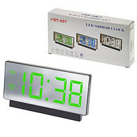 Часы сетевые зеркальные VST-897-4, ярко-зеленый дисплей, температура, USB