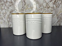 Набор 3 керамические банки для хранения сыпучих "White Style" 650мл с бамбуковыми крышками, белый