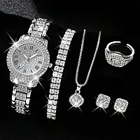 Подарочный женский набор наручные кварцевые часы Versatile Luxury Diamond ожерелье, браслеты, кольцо и серьги