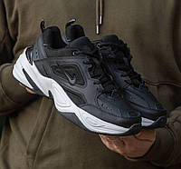 Мужские кроссовки Nike M2K Tekno Black/ white (черно-белые) красивые объемные кожа/текстиль весна-осень Y12121